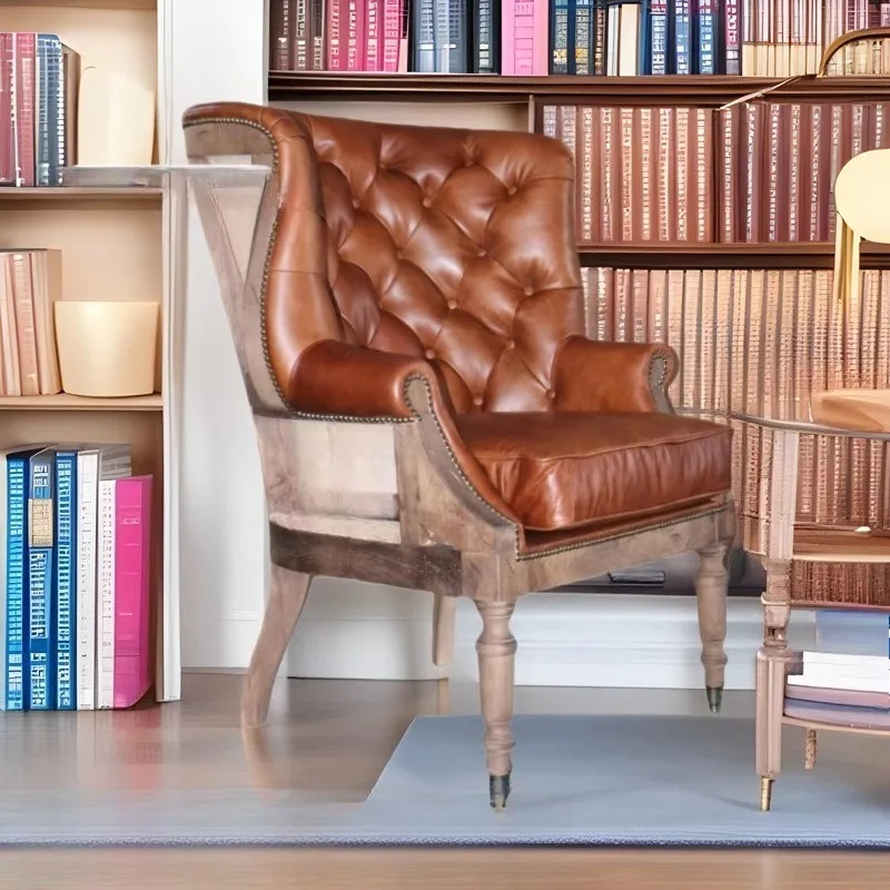 American country single tiger chair retro old leather high back buckle wooden frame exposed living room sofa chair cowhide