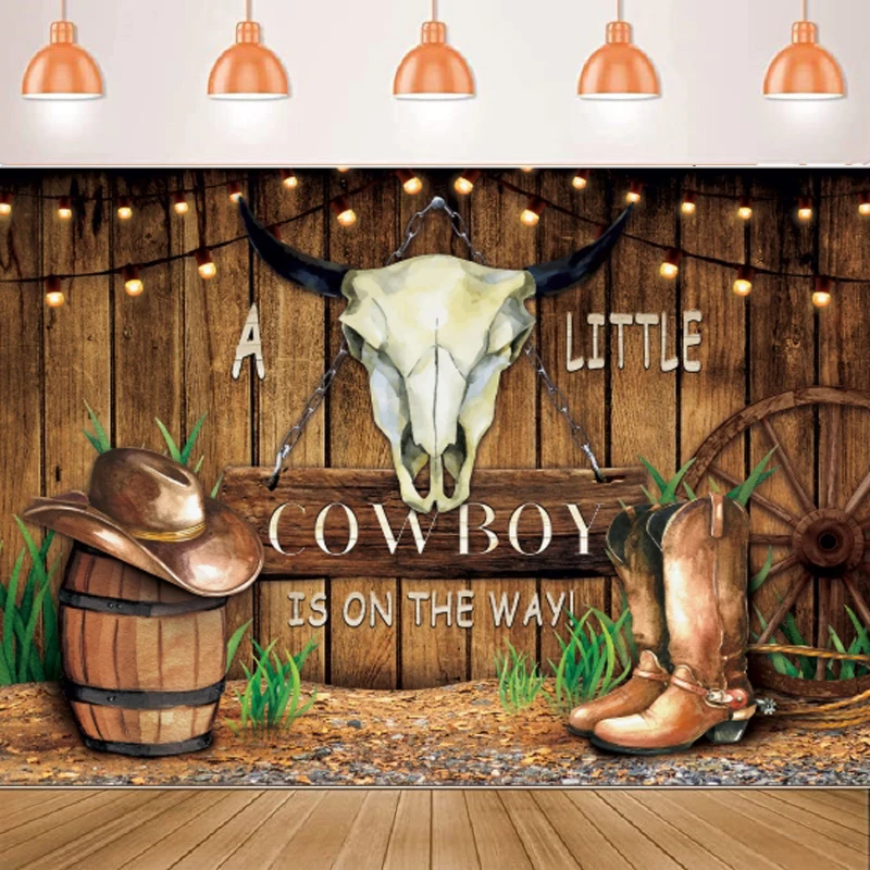 Photography Backdrop Rustic Wooden Pattern Western Hat Baby Shower Party Banner Decor A Little Cowboy is On The Way Background