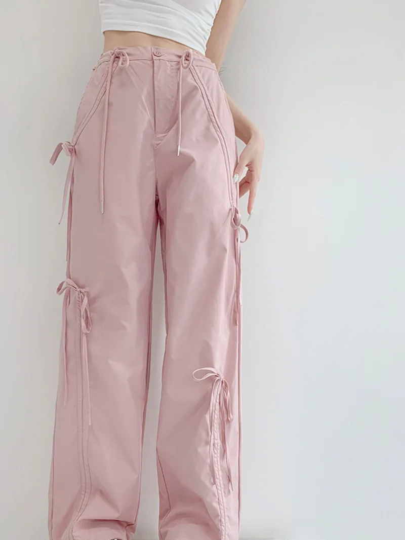 

Bow Lace Up Design American Style Cargo Pants Women High Waisted Loose Hip-hop Drawstring Straight Leg Casual Pants