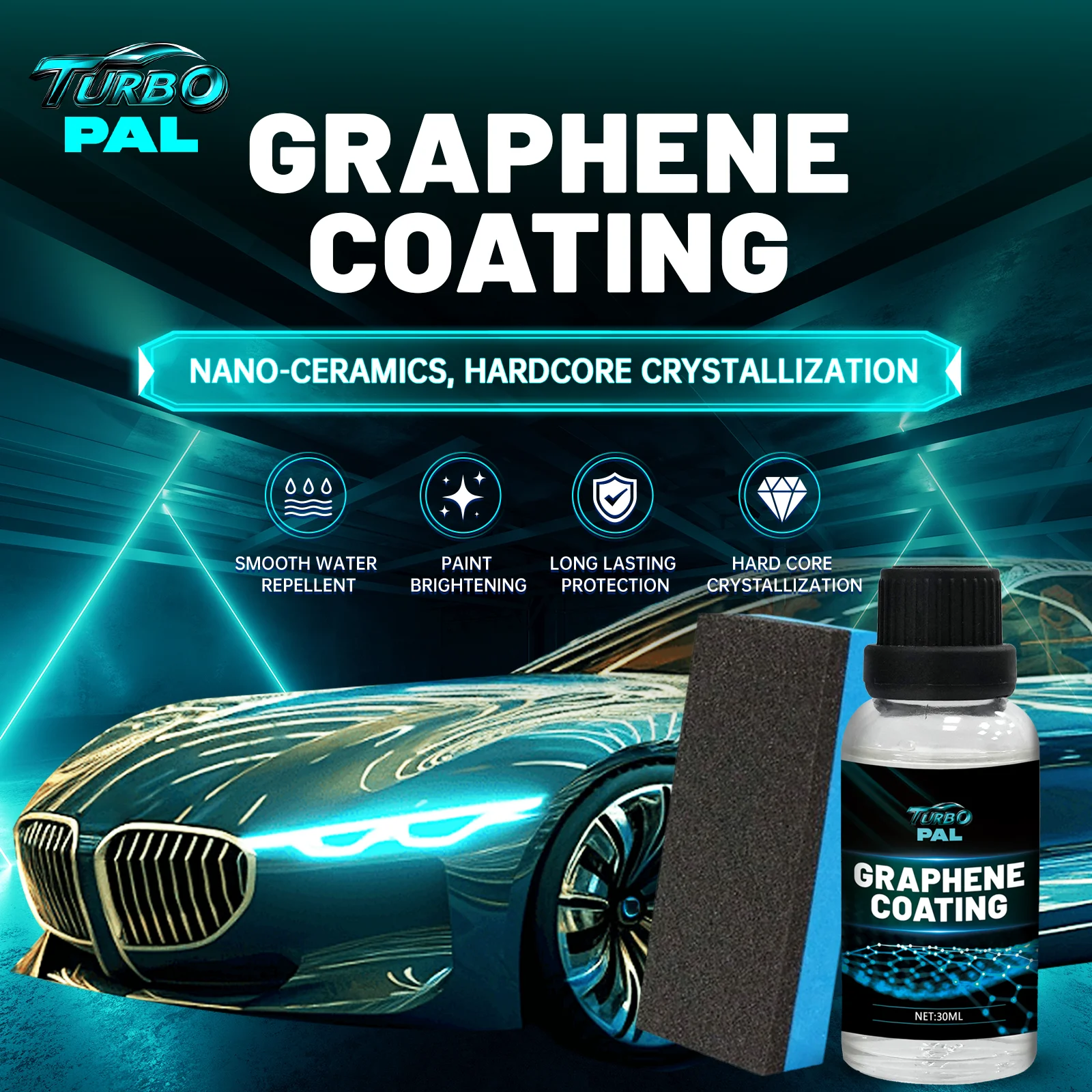 TURBOPAL Graphene Ceramic Coating Kit, Ultra High Gloss, Hydrophobic, Anti Scratch, Car Care Polish for Cars, SUVs, Motorcycle