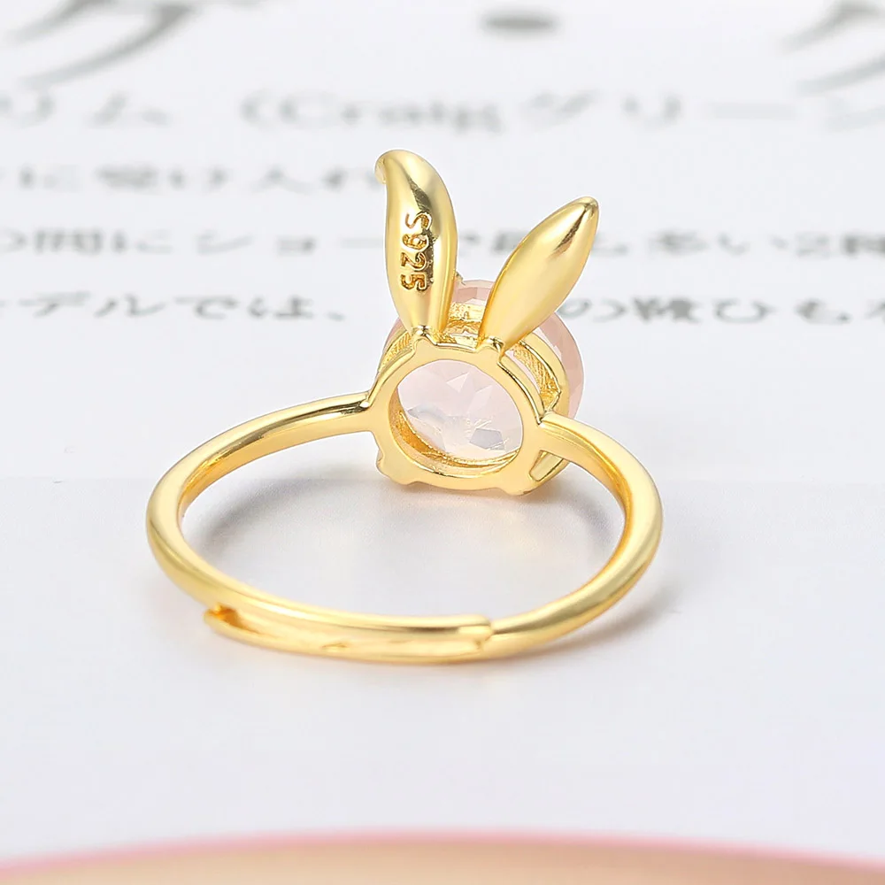 لامون الطبيعية روز كوارتز خاتم الأحجار الكريمة للنساء أرنب جميل 925 خاتم فضة 14K مطلية بالذهب غرامة مجوهرات هدية RI123