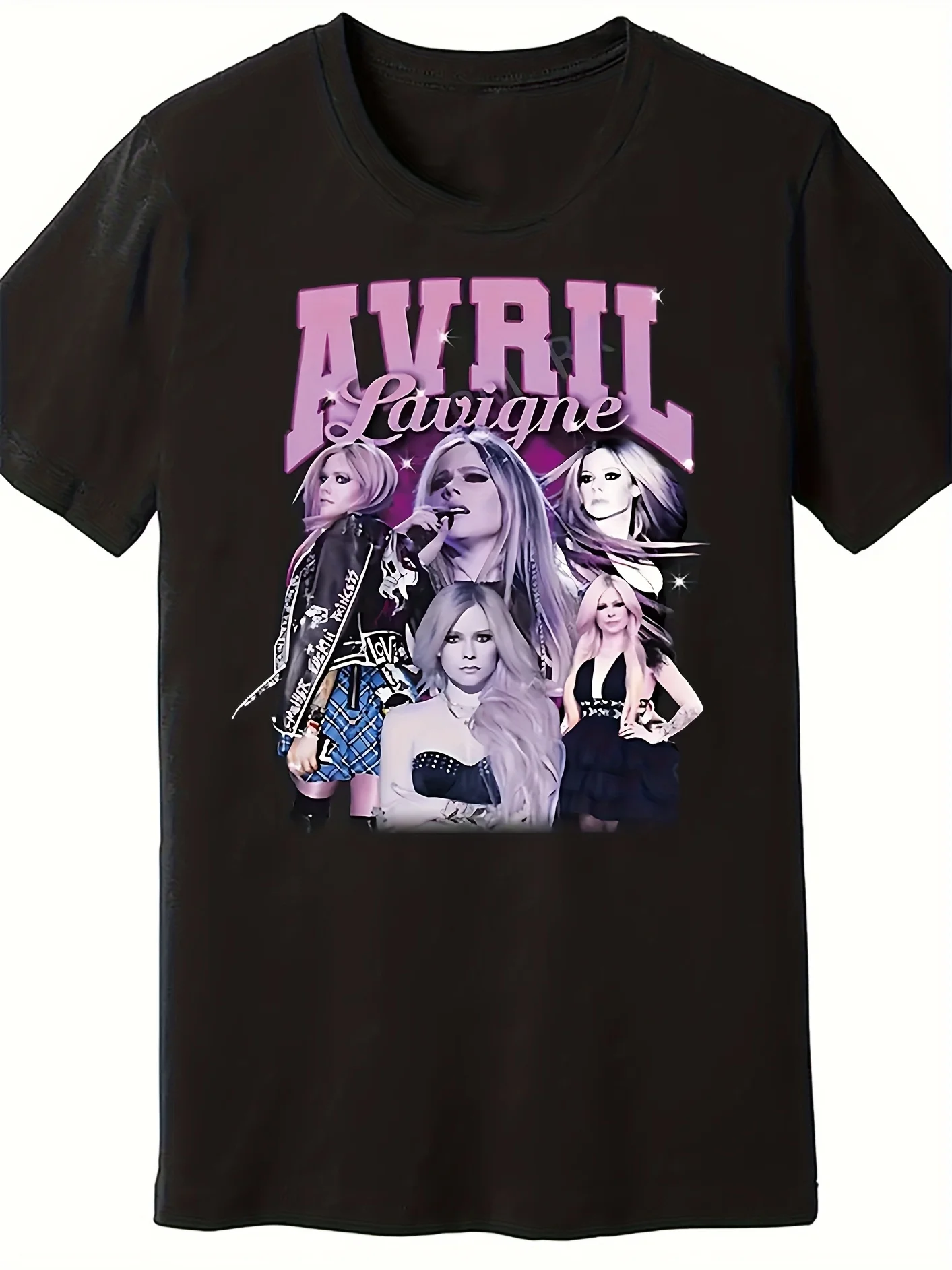 

1pc Women's Avril Lavigne Graphic T-Shirt - Black with Pink Lettering & Iconic Rock Poses Print, Casual Round Neck Tee for Rock