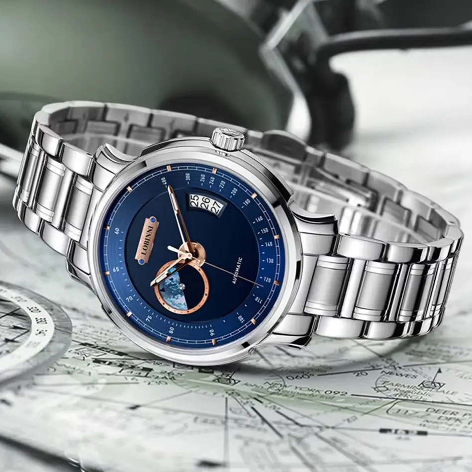 LOBINNI Men Automatic Watch 42mm Mechanical Wristwatch Waterproof Sapphire Mirror Luminous Earth 24 Hour Date Miyota Mov
