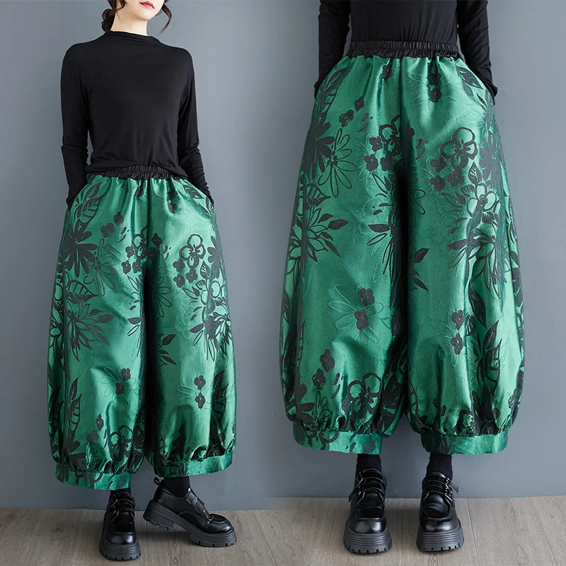 Pantaloni a lanterna stampati pesanti primavera autunno Nove punti Gamba larga ampia Faionable Casual Fibra di poliestere a vita alta