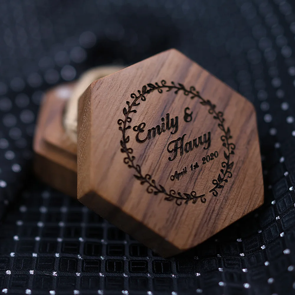 

Personalized Engraved Name and Date Wedding Proposal Ring Box Hexagon Antique Wood Wedding Ring Box