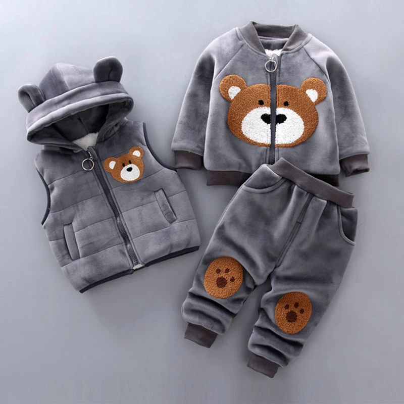 1 2 3 4 Years Old WInter Girls Boys Clothing Set Cartoon Bear Lining With Plush Vest+Jacket+Pants 3Pcs Outfit Suit For Kids