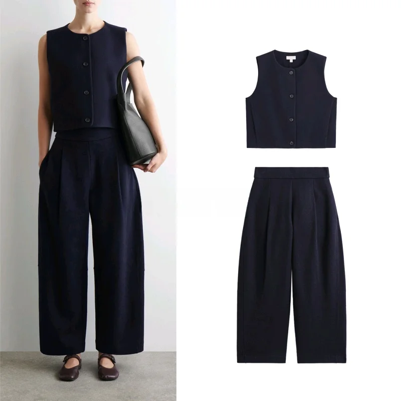 الوقوف نسخة الصوف مزيج البدلة سترة عارضة السراويل عالية الخصر السراويل الطويلة قطعتين مجموعة Fionable الخريف الزي للنساء