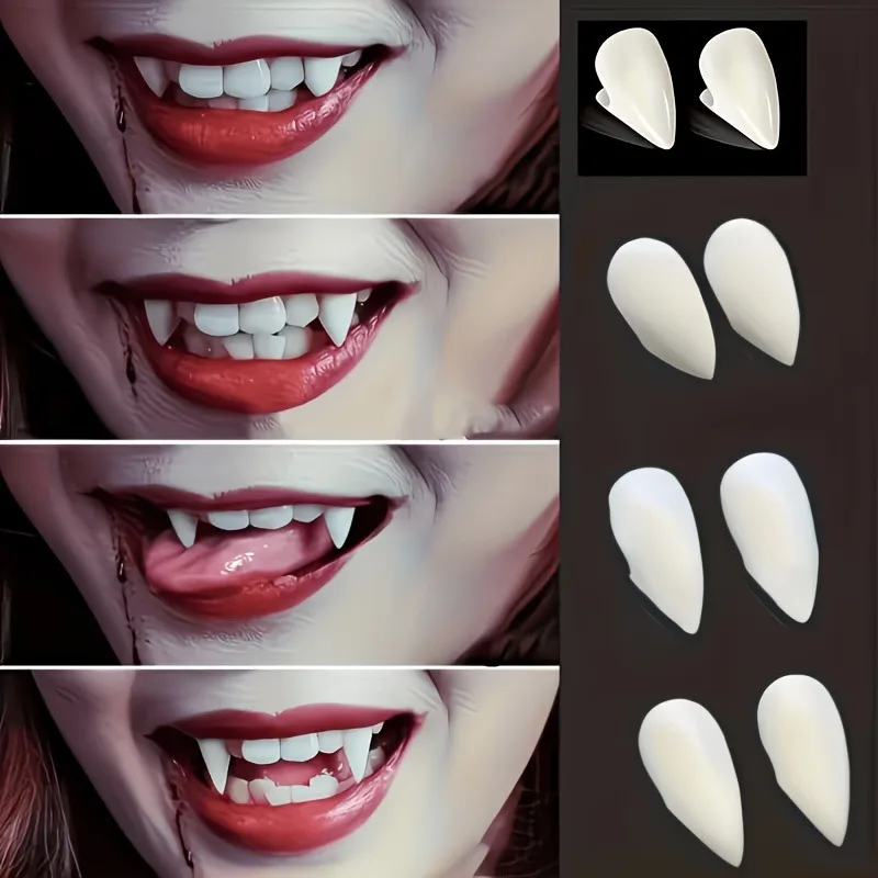 4 Pairs of Vampire Fake Fangs, Halloween Cosplay Makeup Props, 13mm 15mm 17mm 19mm Reusable Costume Party Fang Accessories