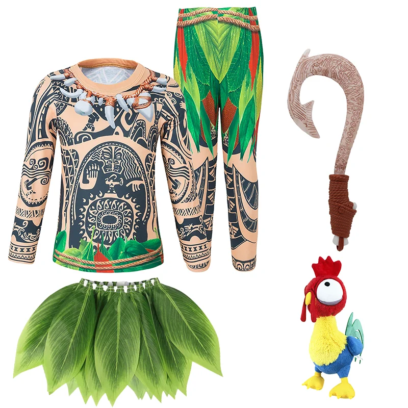 Pełny zestaw film księżniczka Maui przebranie na karnawał Vaiana kostium dziecięcy top spodnie i pasek w kształcie liści urodziny karnawałowe stroje na występy