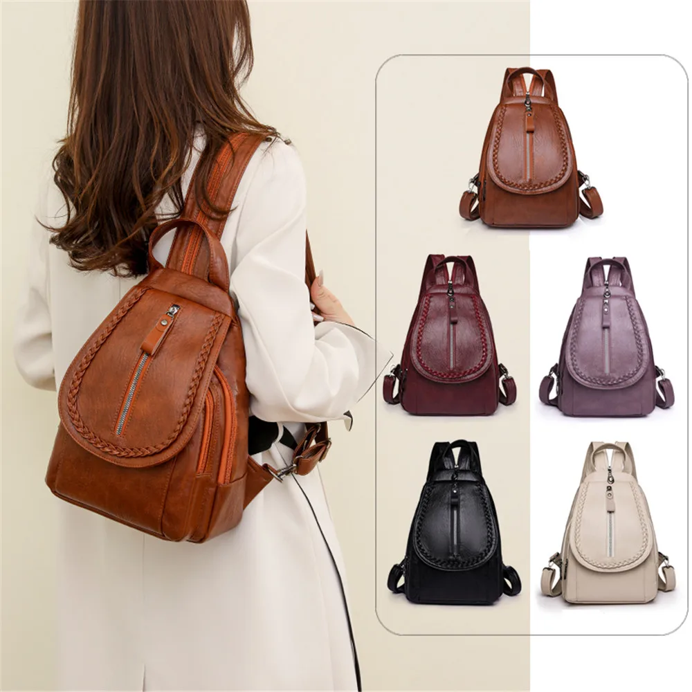 Anti Theft Women\'s Weave Backpack Large Soft PU Leather School Shoulder Bag for Girls Fashion Travel Chest Pack Female Mochila