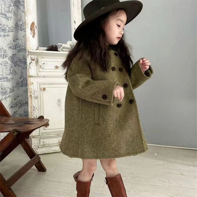 Girls Woolen Coat Jacket Windbreak 2025 In Stock Warm Thicken Winter Cotton Overcoat Plus Size Children's Clothing