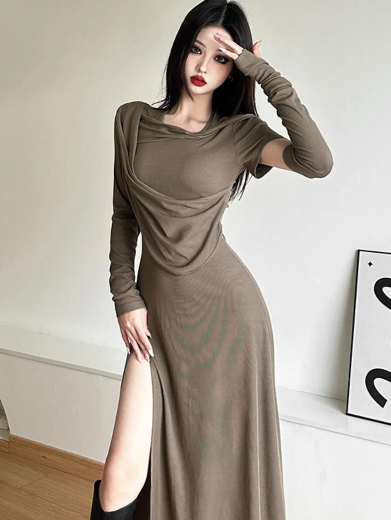 Street Wasteland Style Hoodie Dress for Women Y2K Vintage Solid Color Slim Waist Vestidos Autumn Fashion Long Sleeve Robe Mujer