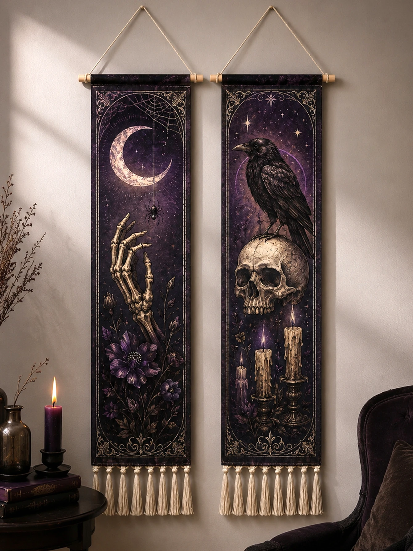Halloween-Wandteppich mit Quasten, Gotische Hexe, Schwarze Katze, Krähe, Geisterhaus, Totenkopf-Druck, Vintage Grusel-Wandbehang Deko – Detail 32