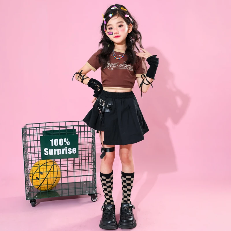 Girls Clothes Summer Chidren Hip Hop Clothing Cotton Short Sleeve Crop T Shirt Black Skirt Teen Kids Streetwear Jazz Dance Suit