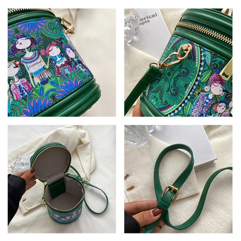 Round Bucket Crossbody Bag For Women Cute Cartoon Printing Handbags Zipper Flap Mini Small Bag Female Embroidery Shoulder Bag