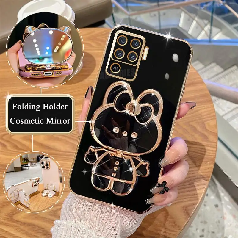 Reno5lite Luxury Plating Mirror Holder Case For Oppo Reno 5 6 7 Reno5 Lite Silicone Stand Cover A54 A57 A58 A78 A76 A74 A94 4g