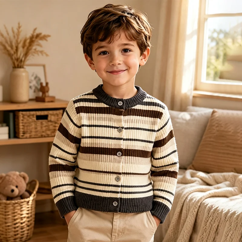 Autumn Winter Kids Fashion Color Blocking Striped Sweater 2-6 Years Boys Girls Crew Neck Knitted Cardigan Casual Long Sleeve Top