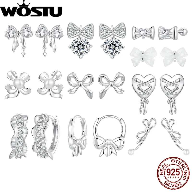 WOSTU 925 Sterling Silver Bowknot Earrings Pearl Earrings Heart Bandage Stud Earrings For Women Party Daily Simple Fine Jewelry