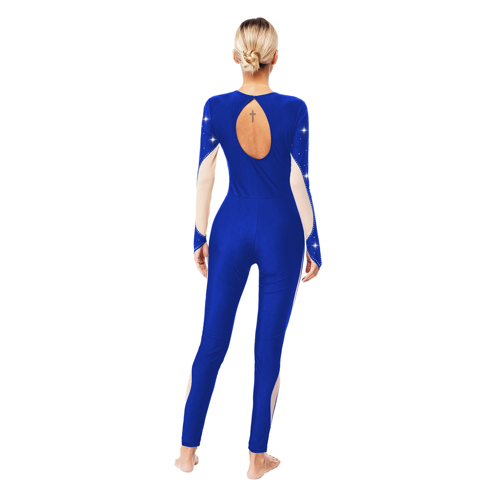 Women Figure Skating Jumpsuit Gymnastics AcrobaticsBallet Dance Leotard Long Sleeve Shiny Rhinestones Sheer Mesh Bodysuit