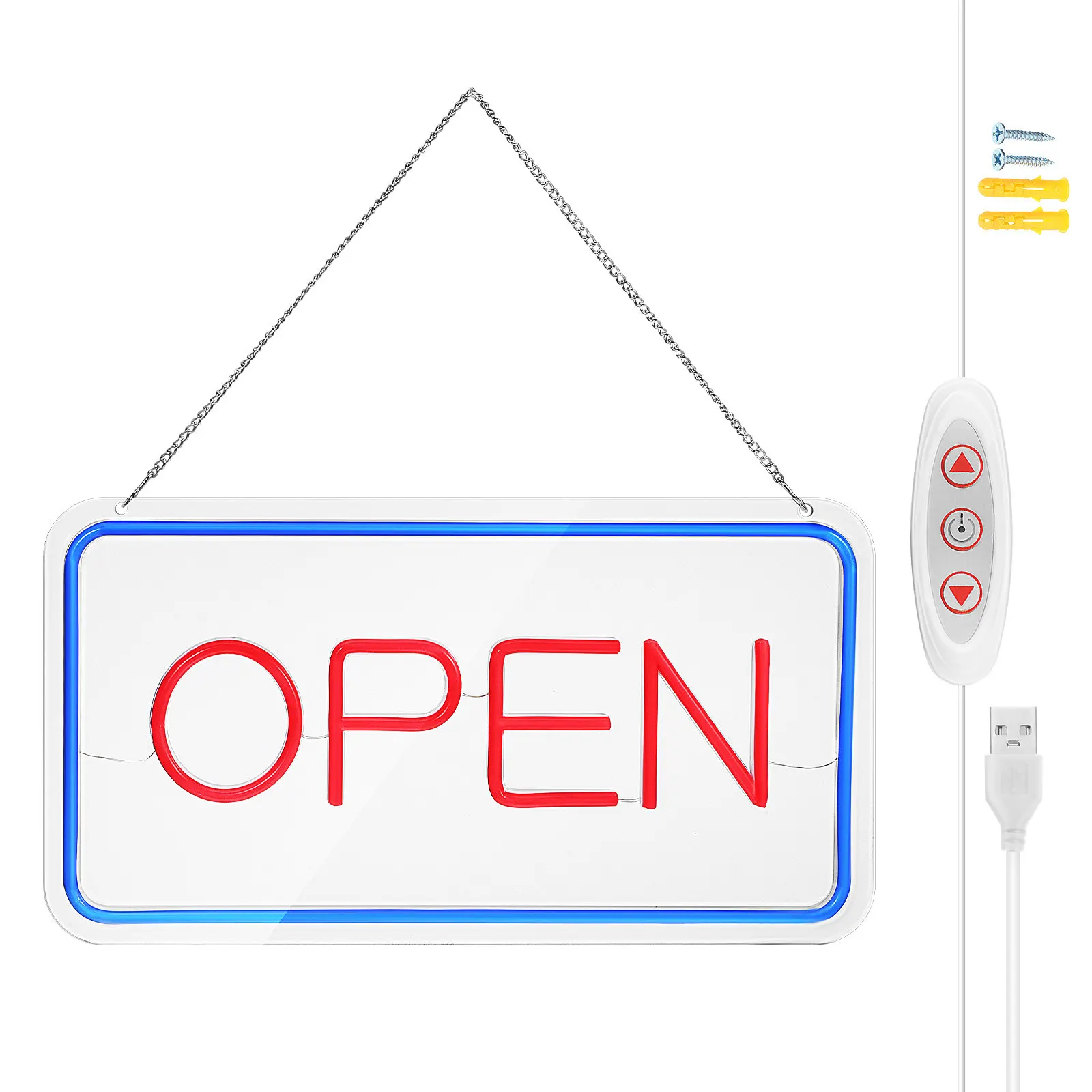 1Set LED Open Sign Bright Illuminated Storefront Business Door Sign Wall Mounted Or Window Hung with Chain Dimmer Control High