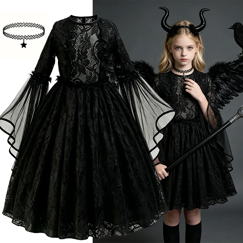 Girls Dark Gothic Cosplay Dress Children Halloween Fancy Outfit Horns Wing Accessories For Party Stage Performance Dress Up