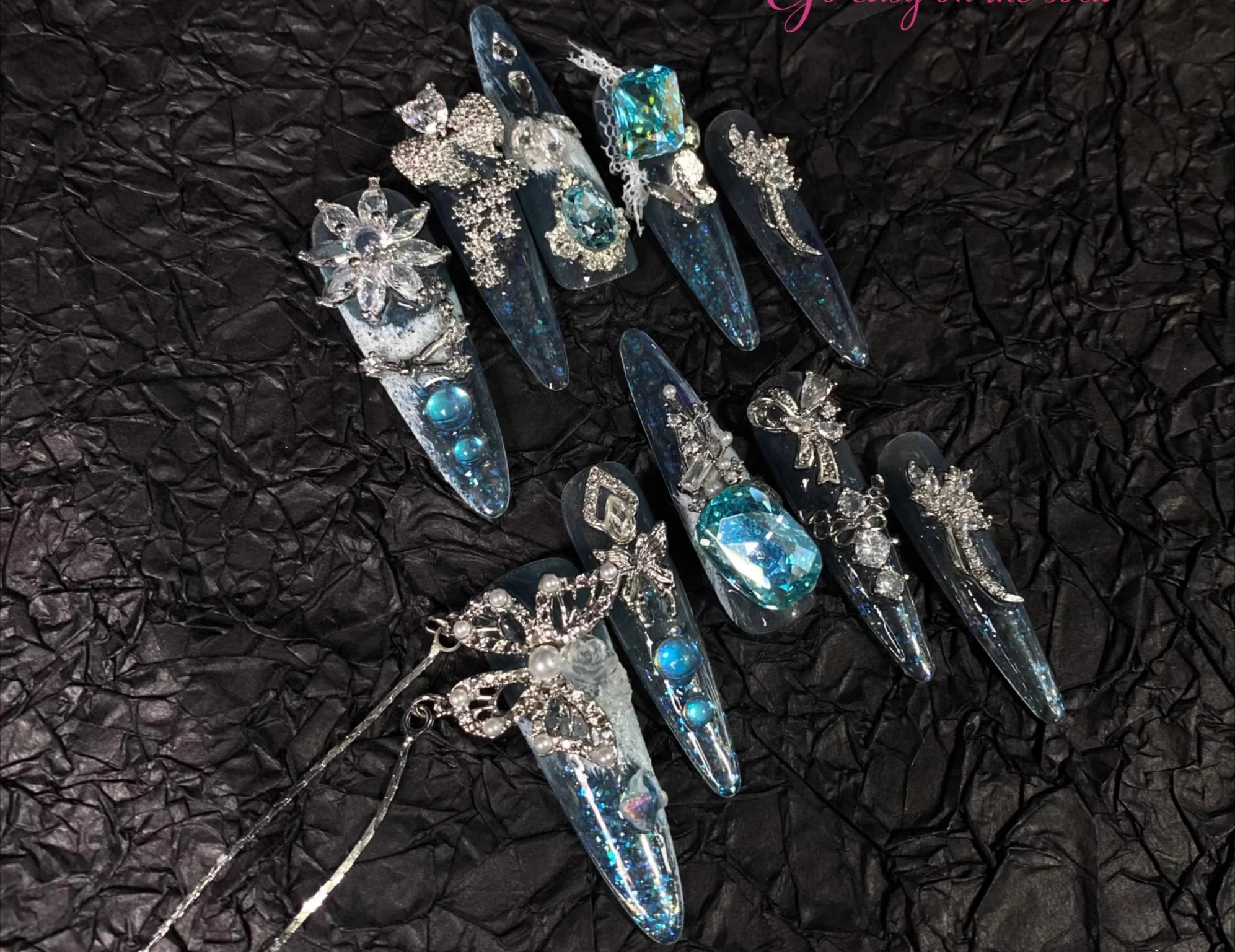 

Hand-worn Armor Blue Mermaid Butterfly Chain Icy Spring and Summer Heavy Industry White Nail Patch Custom Products