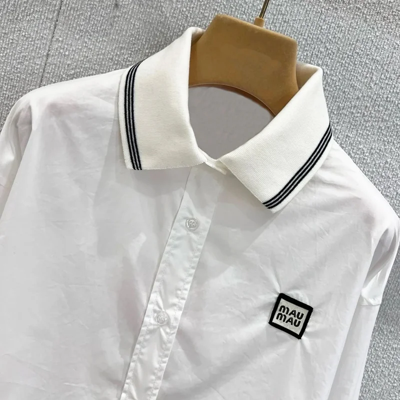 High-End Women's Long Sve White irt Cardigan Casual Versatile Top Moisture ng Ci Walk ort Length  Collar Bu...