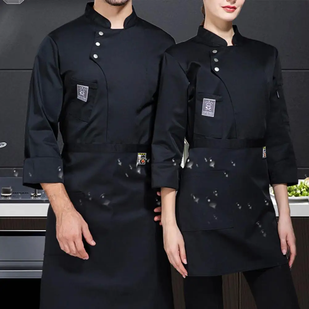Uniforme de chef à col montant, uniforme de chef élégant avec col montant, conception à double boutonnage, tissu résistant aux taches pour boulangerie café