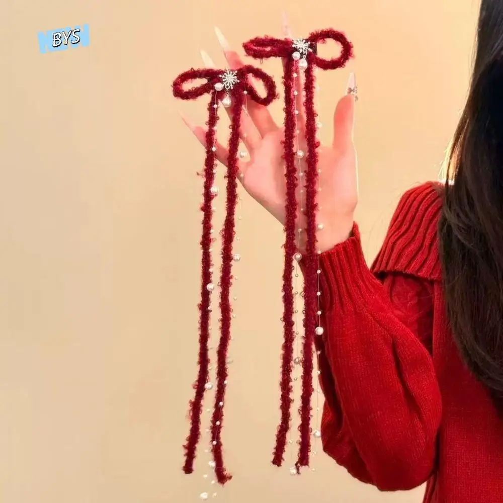 

Cute Tassel Red Bow Hairpin Rhinestone Pearl Bowknot Barrettes Y2k Snowflakes Long Ribbon Bow Hair Clip Girl