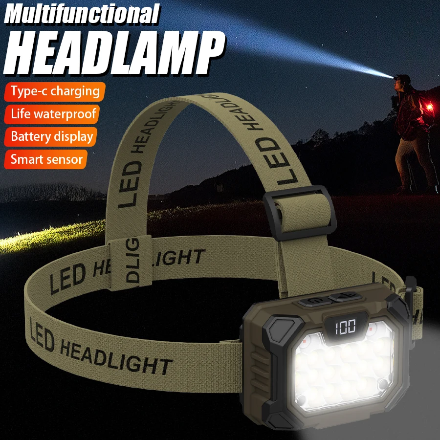 Inductive LED Headlight Rechargeable COB Emergency Headlamps with 5 Modes Outdoor Waterproof Camping Hiking Fishing Headtorch