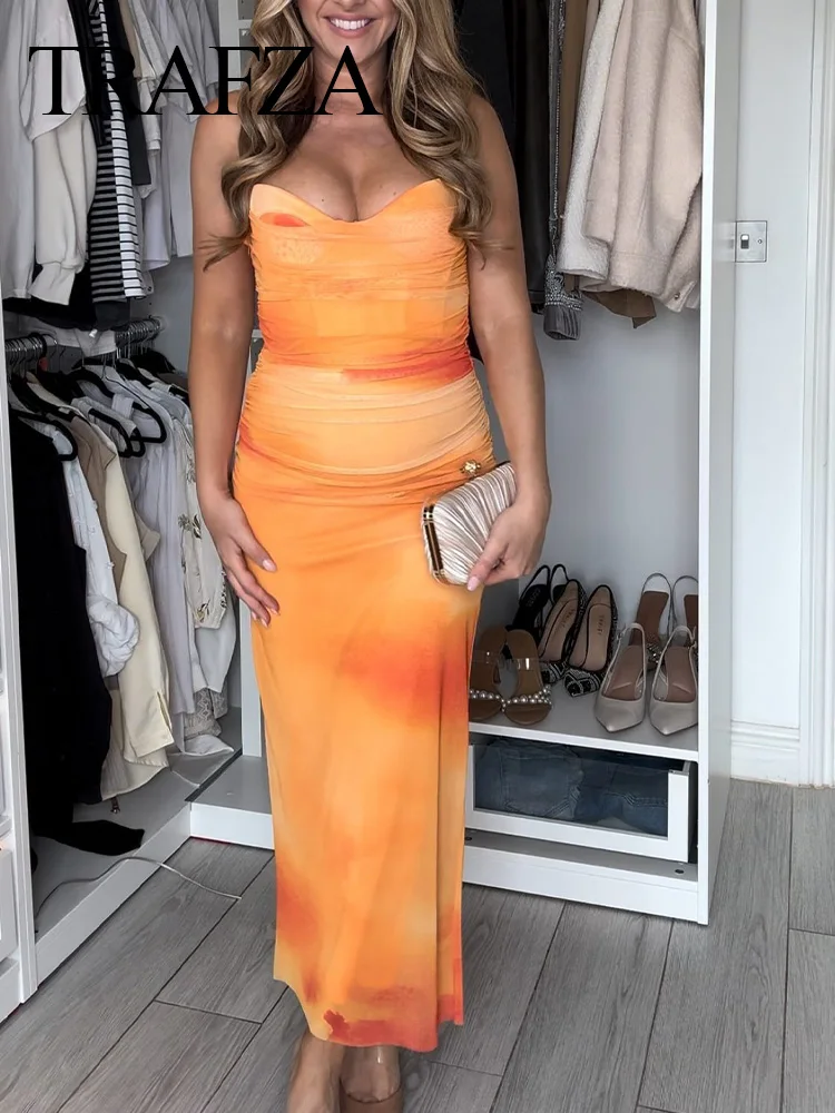 TRAFZA Summer Woman Tie-dye Gradient Sleeveless Dress Fashion Beach Style Orange Printed Backless Sexy Slim Dresses Mujer Traf