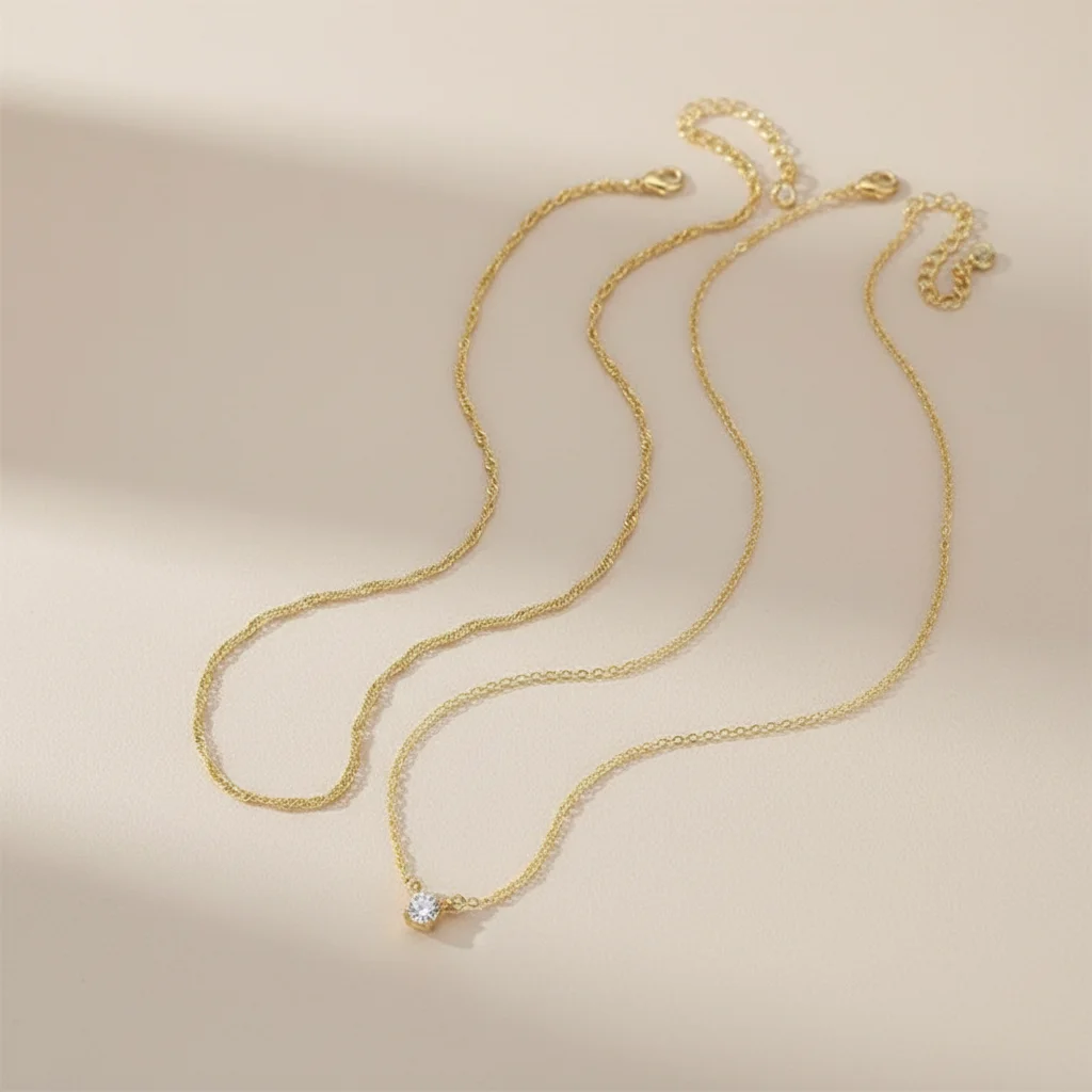 Floating Diamond Necklace Single Stone Design Double Layer Collar Chain Birthday Gift