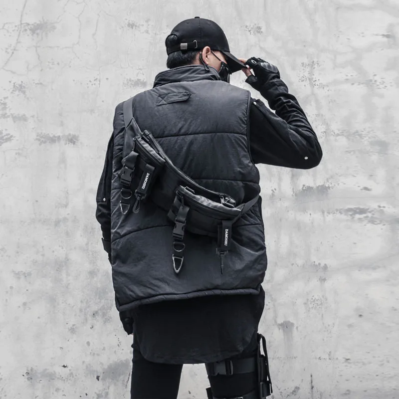 

Dark Techwear Style Streetwear Tooling Multi-Pocket Vest Cardigan Winter Fleece-lined Warm Stand Collar Hiphop Man