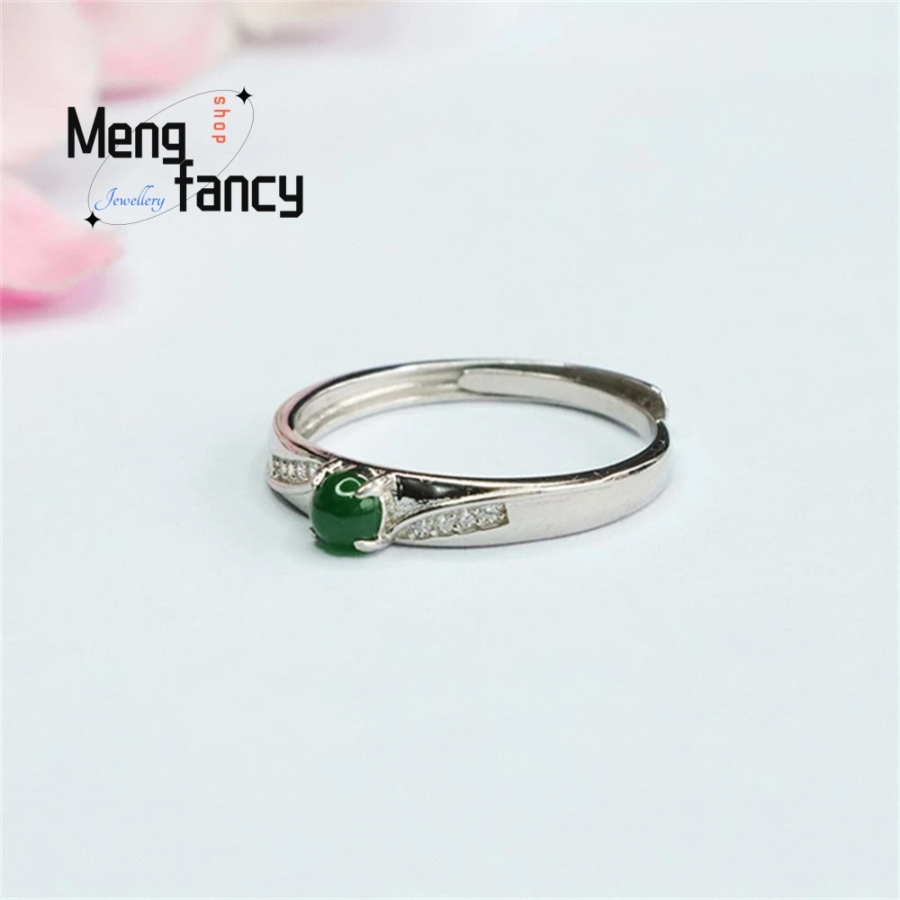 S925 Silver Inlaid Natural Jadeite Ice Type Imperial Green Finger Ring Exquisite Elegant Charm High-grade Couple Fashion Jewelry