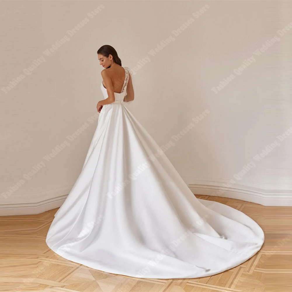 Robes de mariée en satin de style simple pour femmes, décalcomanies brillantes, ligne A pour la fête formelle, fourche haute sexy, vadrouille au sol, robe éducative