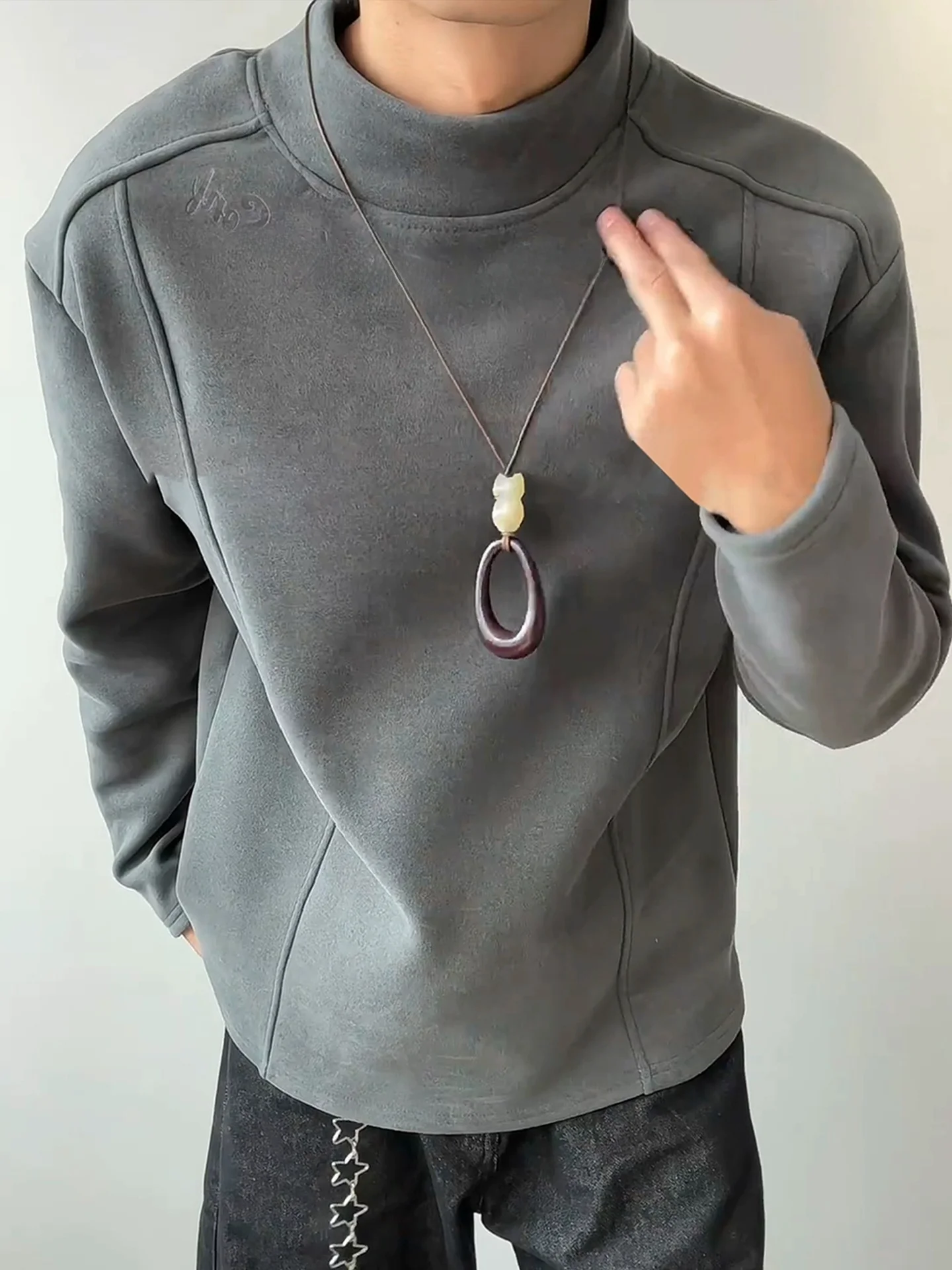 

Thiened Double-sided Woolen f-high Collar Men's T-irt Winter Base Layer irt Letter Print Long Sve Underwear for Y...