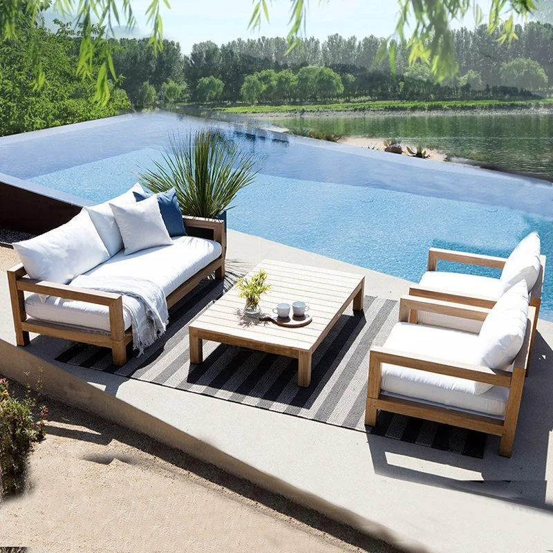 

Garden Outdoor Teak Furniture with Cushions Sofa Set Combination Modern Bed Outdoor Sofa