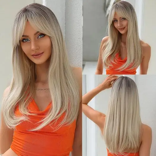 Light Blonde Long Natural Straight Synthetic Hair Wig with Bangs for Women Cosplay Daily Wig Heat Resistant Fiber