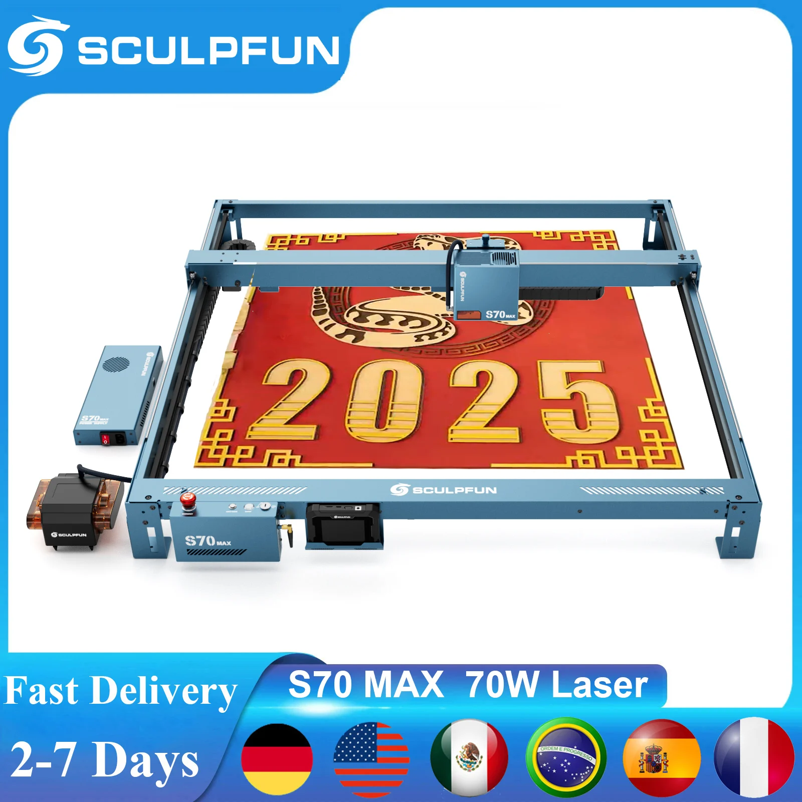 SCULPFUN S70 Max 70W Laser Engraver Cutting Machine 50L Air Assist Kit 830*800mm Engraving Area One-Click Auto-Focus For Glass