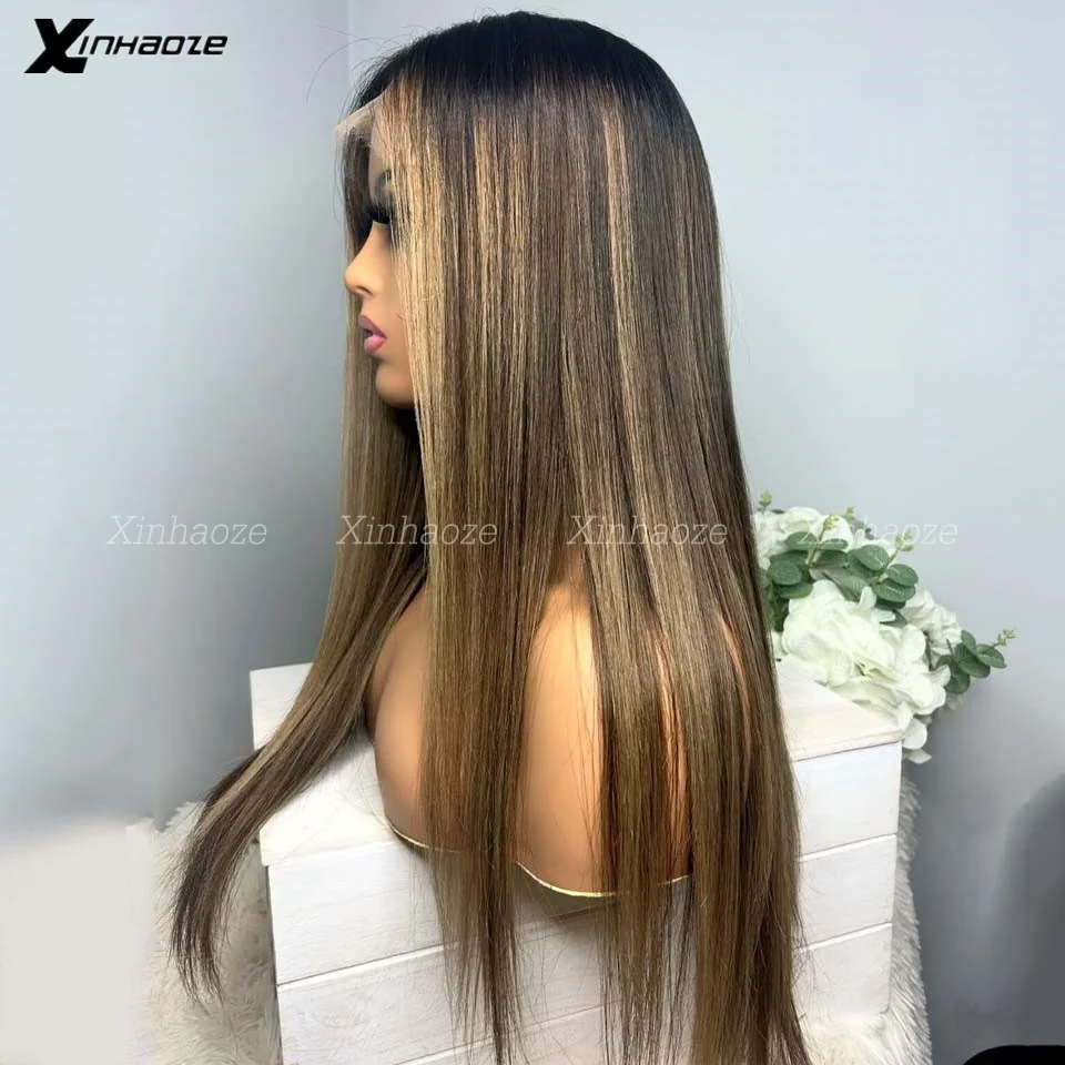 4T27 Evidenziare Parrucca Diritta Dei Capelli Umani Per Le Donne Nere 13x4 HD Trasparente Parrucche Anteriori Del Merletto Con I Capelli Del Bambino Pre Pizzicate Brasiliano