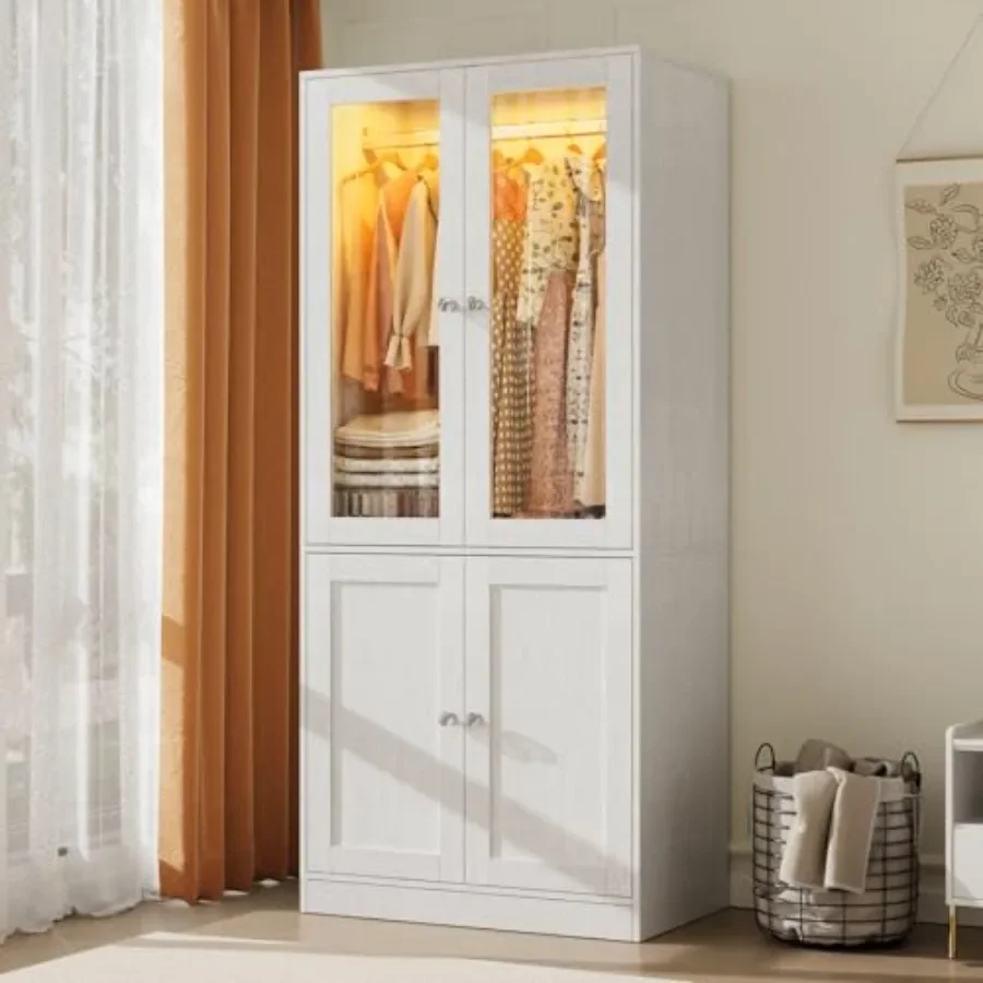 75 Tall Armoire Wardrobe Closet with 2 Glass Doors for bedroom use, engineered wood in white, soft-close hinges and adjustable