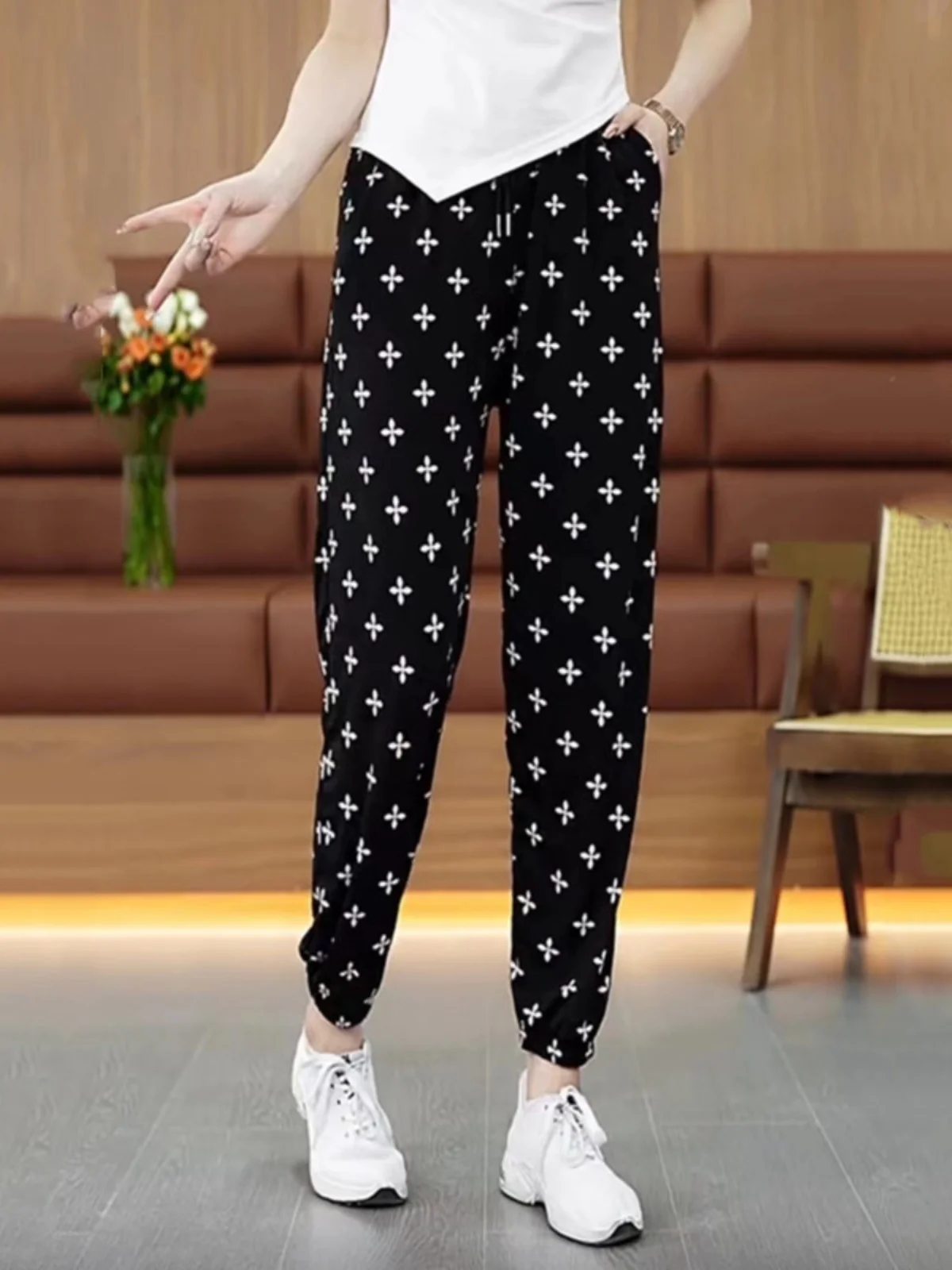 Ice Silk Harem Pants Women's Summer New Print Drapey Mom Cool Pants Mosquito Proof Nine Point Cuffed Casual Pants