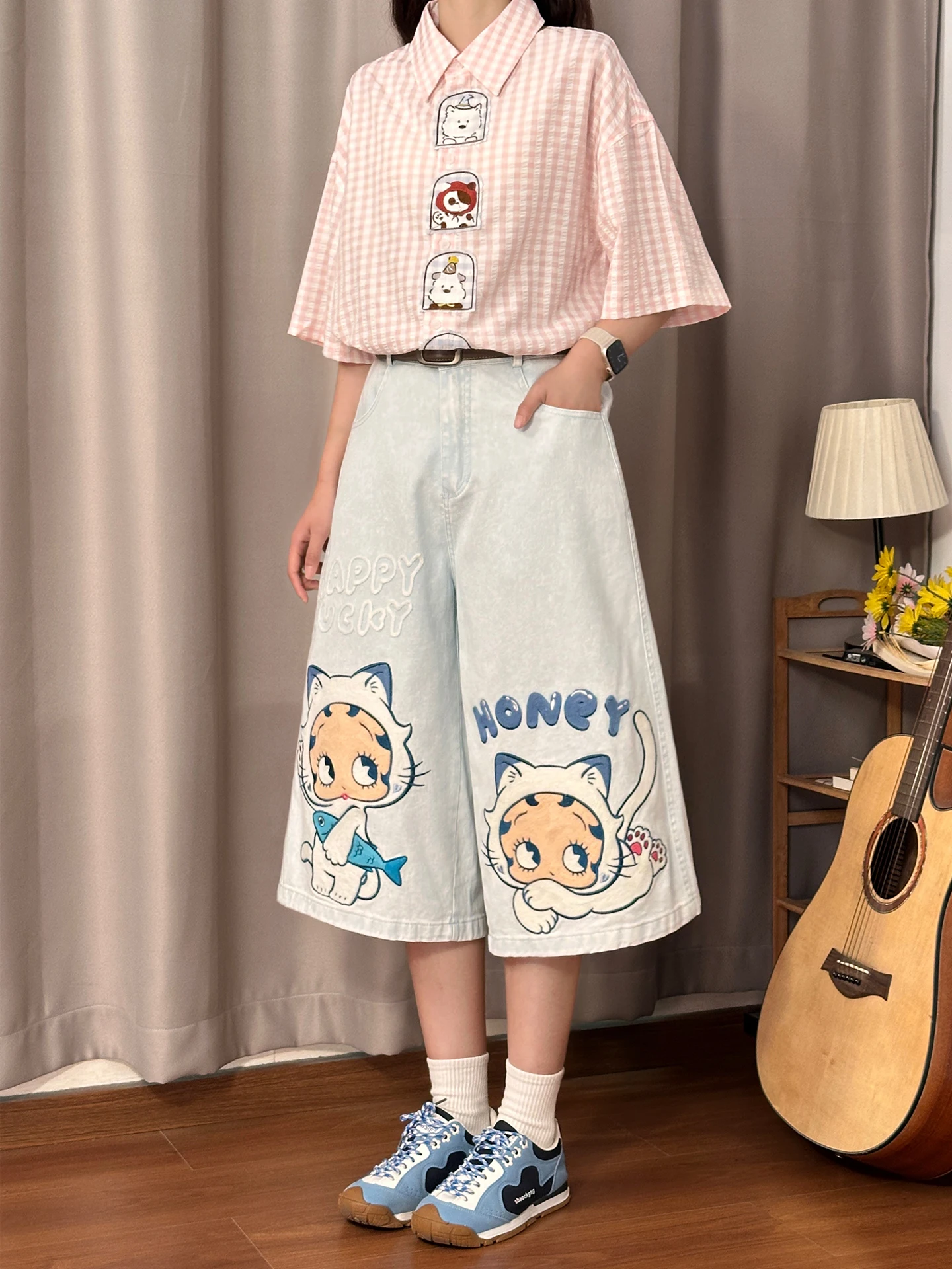 

Washed Denim Cartoon Embroidery Loose Straight Leggings Women's Casual Pants Street Style Natural Waist Cotton Wide Leg