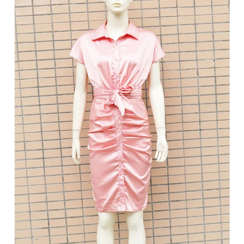 Women's Fashion Lapel Short Sleeved Pleated Sexy Dress Temperament Commuting Female Clothing Woman High Waist Elegant Dresses