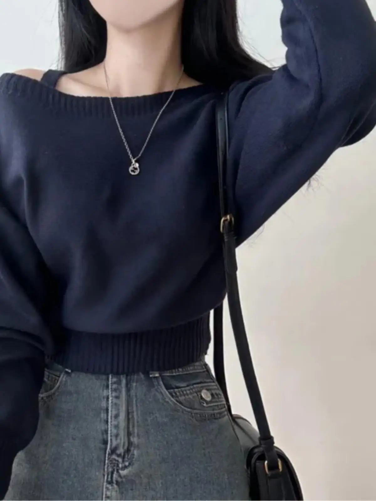 Schicker Oulder Bared Batwing Sve Winter-Strickpullover Long Sve Trendy Commuting Sle Loose Fit Strickwaren in der Länge