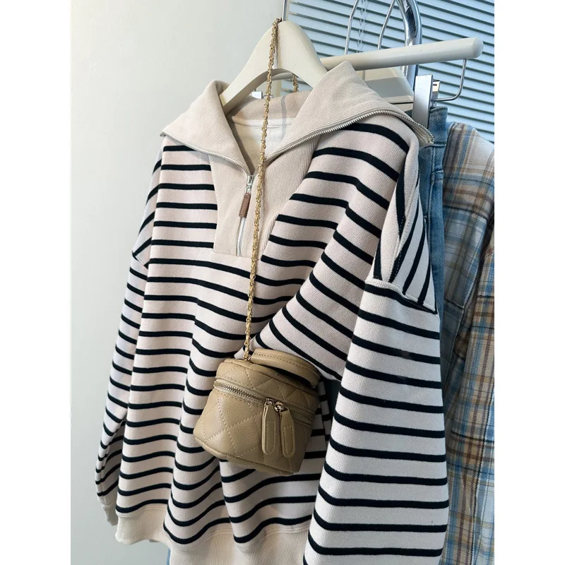 Nouveau tir réel argent renard velours Style américain demi-fermeture éclair col rabattu pull rayé sweat pour les femmes grande taille automne