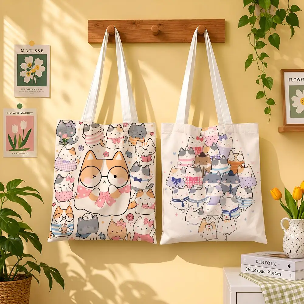 Pastel Kawaii Cat Party Storage Bags 1pc Canvas Tote Bag Reusable Shopping Shoulder Bag For Women Daily Use
