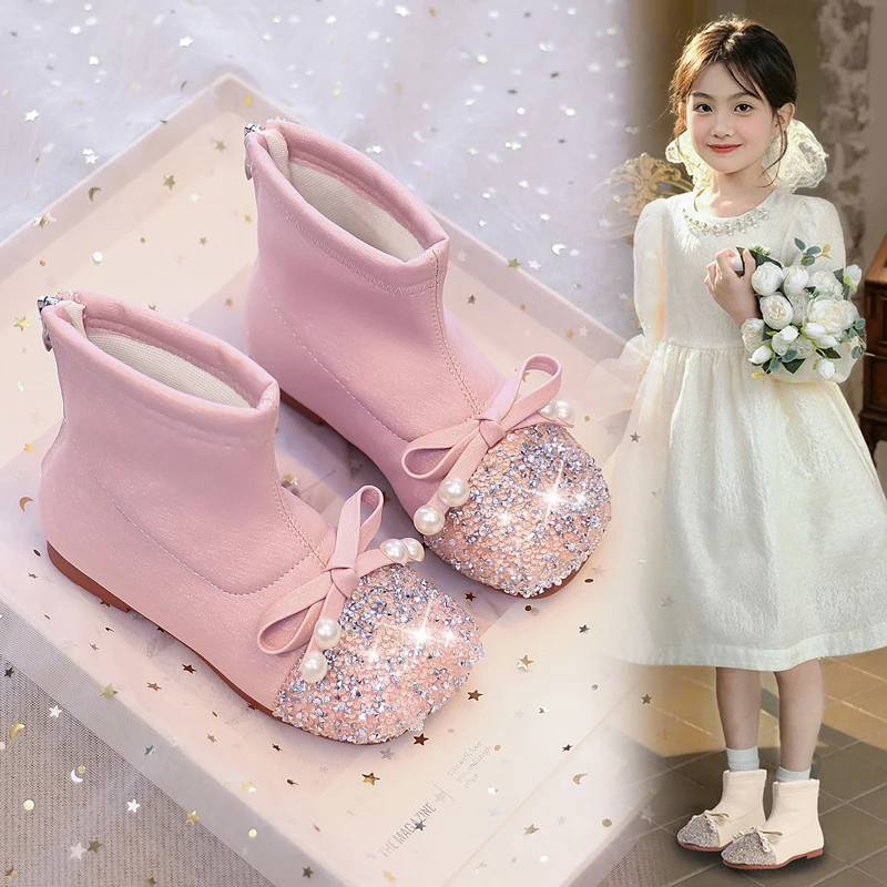 

2025 кожаные ботинки для девочек, осенне-зимние новые повседневные одинарные ботинки, модные ботильоны принцессы с кристаллами и стразами, бабочкой