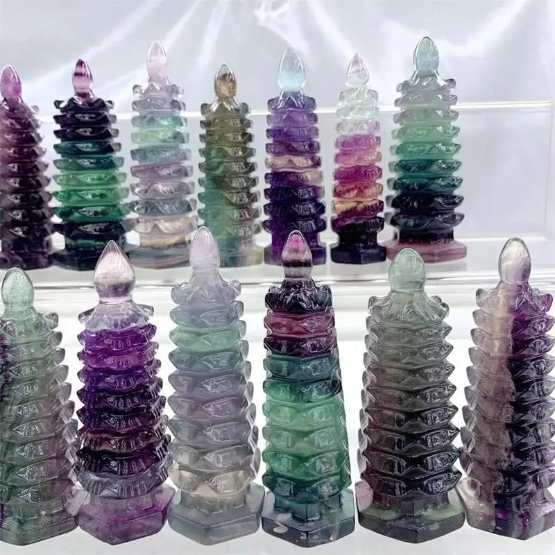 

8CM Natural Colored Fluorite Wenchang Tower Carving Mermaid Crafts Home Furnishings Fengshui Decoration Christmas Gift 1PCS