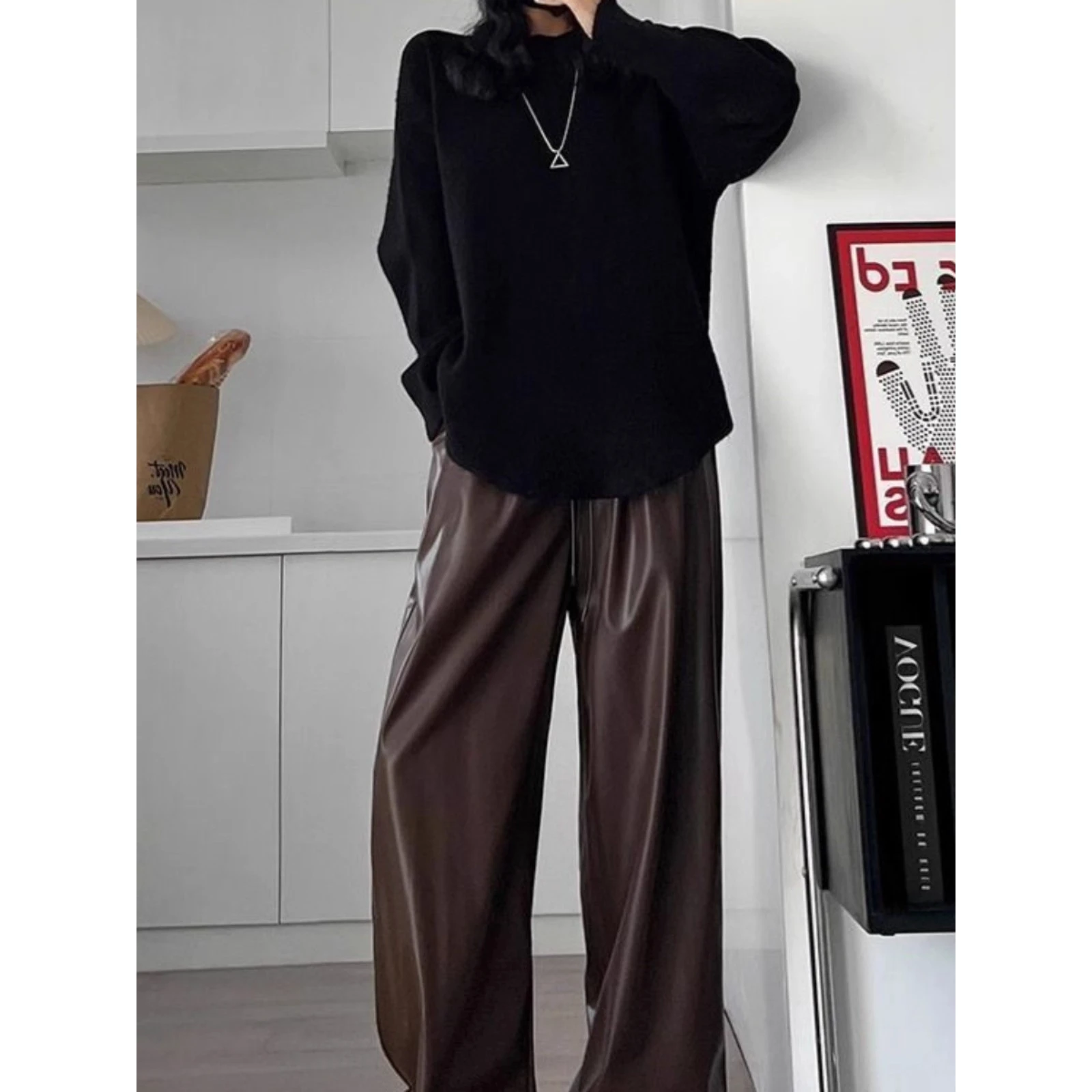 メンズハイウエストストレートレッグPUレザーワイドレッグパンツ秋冬プラスサイズファッショナブルスリムロングパンツカジュアルウェア